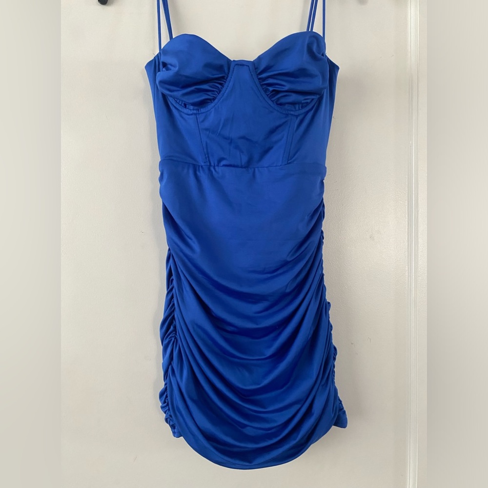 NWOT Lucy in the sky blue ruched mini dress with back tie